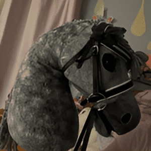 The Vestibulum Dictum, a stuffed gray horse head with a bridle, is positioned upright against a pink curtain.