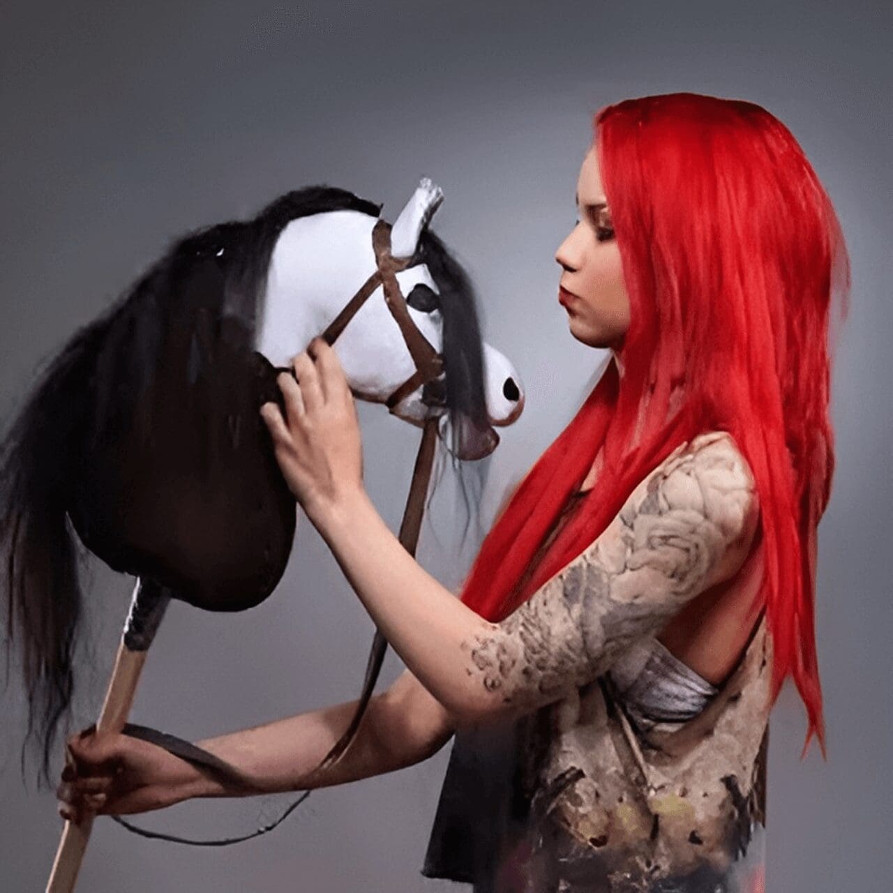 Person with long red hair holding a hobby horse, wearing a sleeveless top, against a gray background.