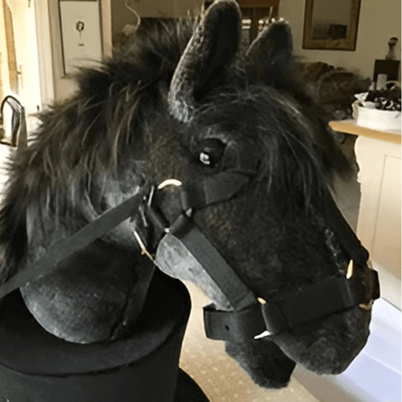 A lifelike black horse head sculpture with a bridle sits on a stand indoors.