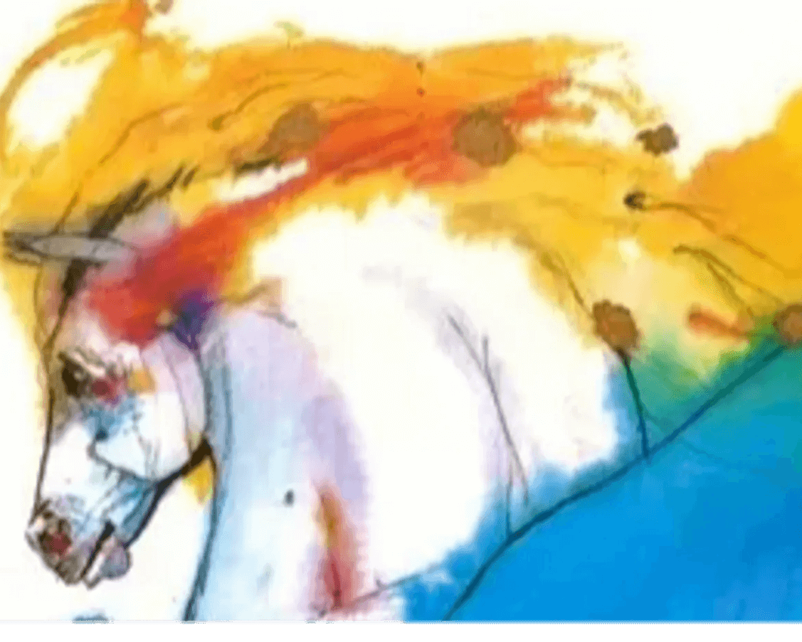 Colorful abstract painting of a horse, featuring vibrant splashes of yellow, orange, red, blue, and purple.