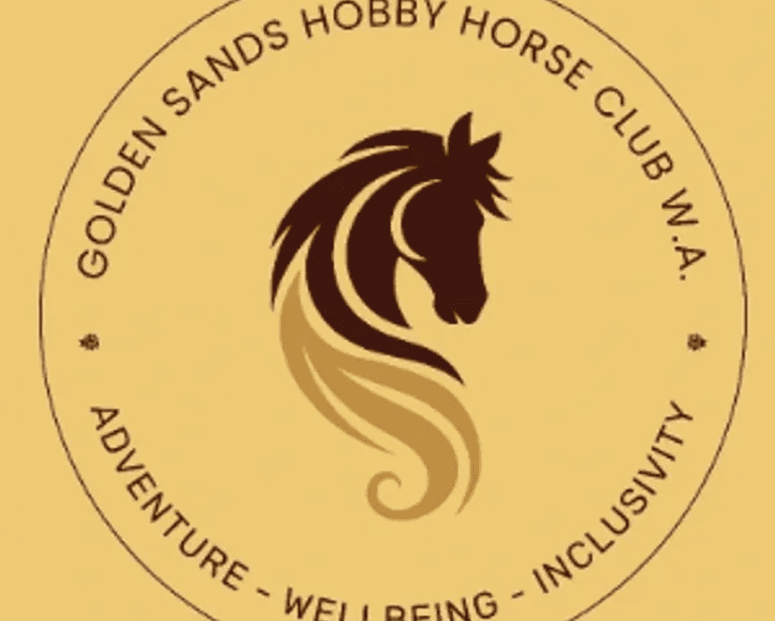 Logo of Golden Sands Hobby Horse Club W.A. featuring a stylized horse head and mane, encircled by text: "Adventure - Wellbeing - Inclusivity.