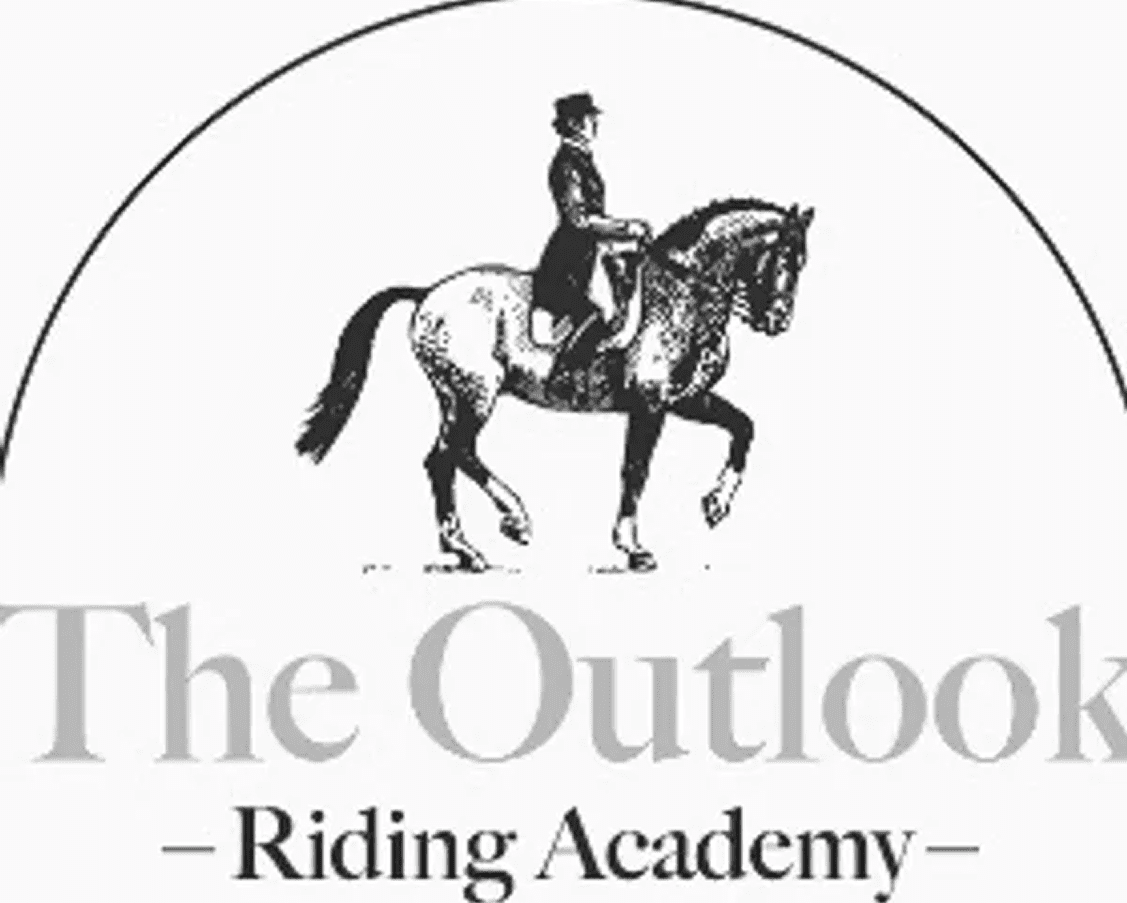 Illustration of a person riding a horse, positioned above the words "The Outlook Riding Academy.