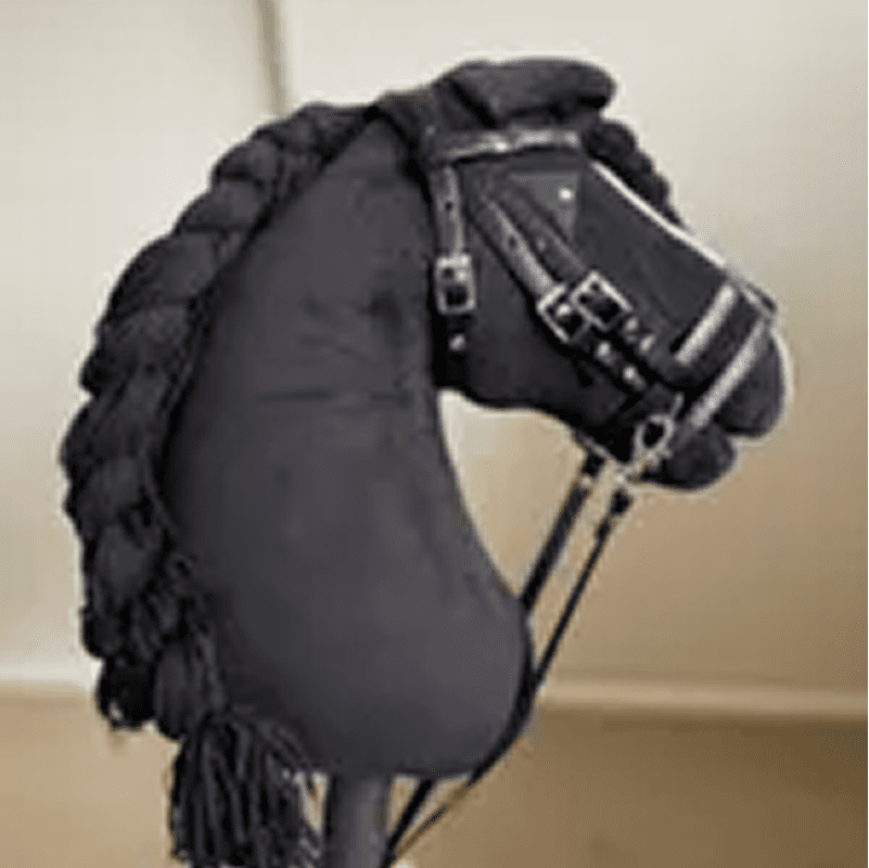 A black hobby horse with a braided mane and black bridle stands against a neutral background.