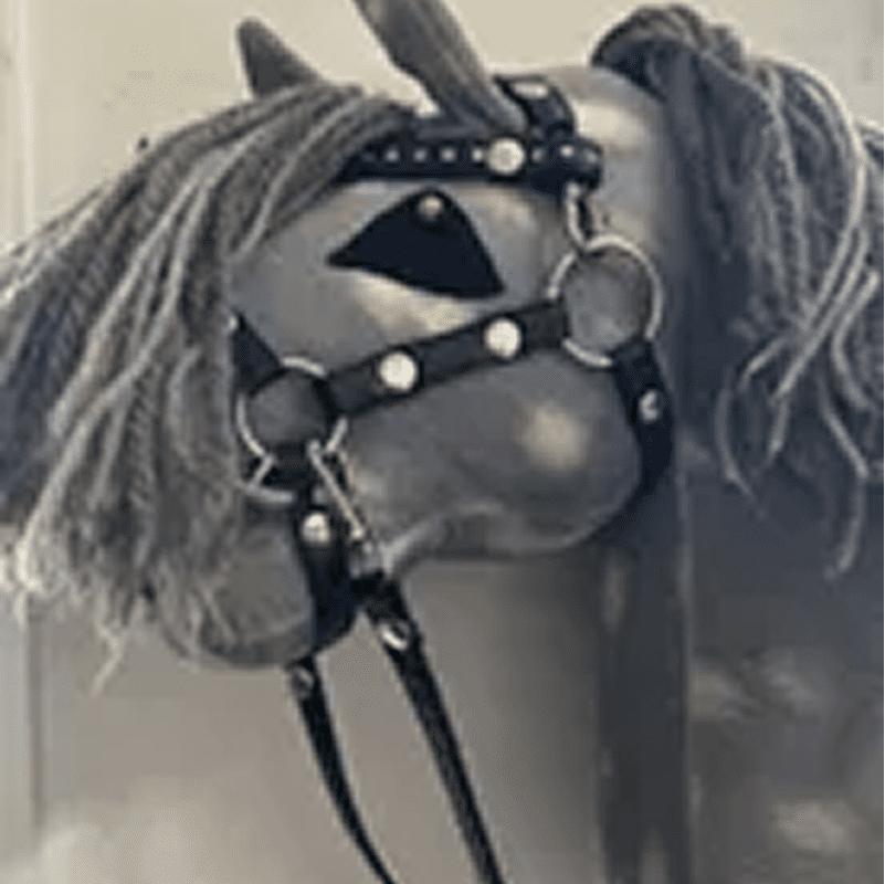 A plush horse head with yarn mane is wearing a bridle.
