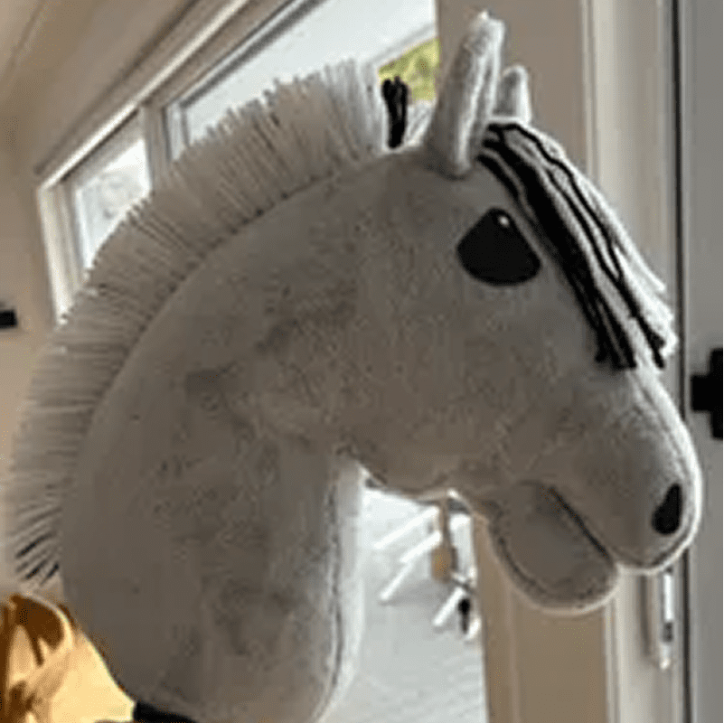 Plush toy horse head with a brush-like mane and black embroidered features, mounted on a stick, in front of a window.