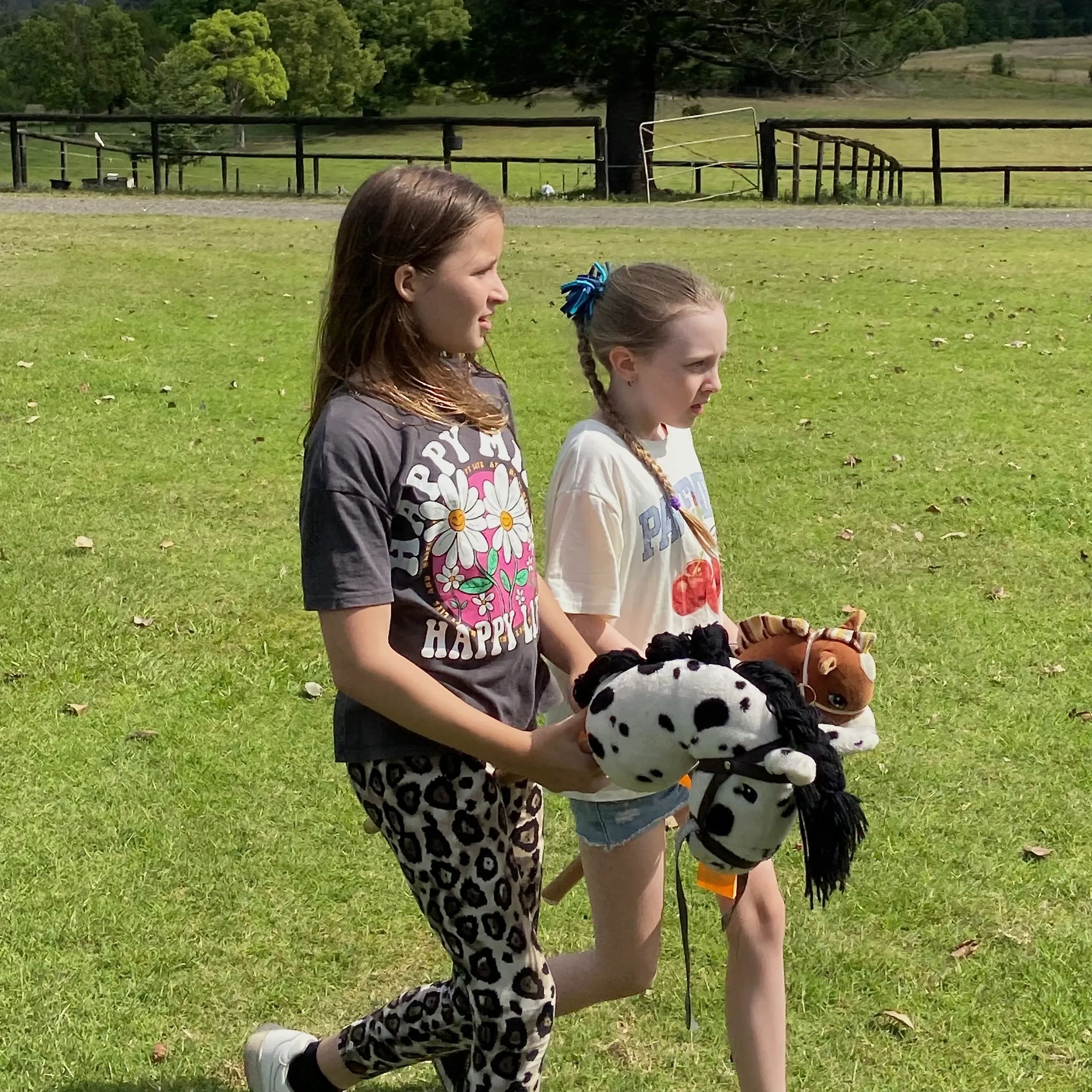 Two girls walking on grass, each holding a toy hobby horse. They are in casual clothing, and the background shows a fenced grassy area and trees.