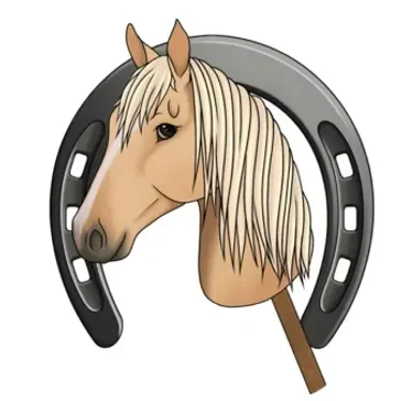 Illustration of a horse head with a horseshoe background.